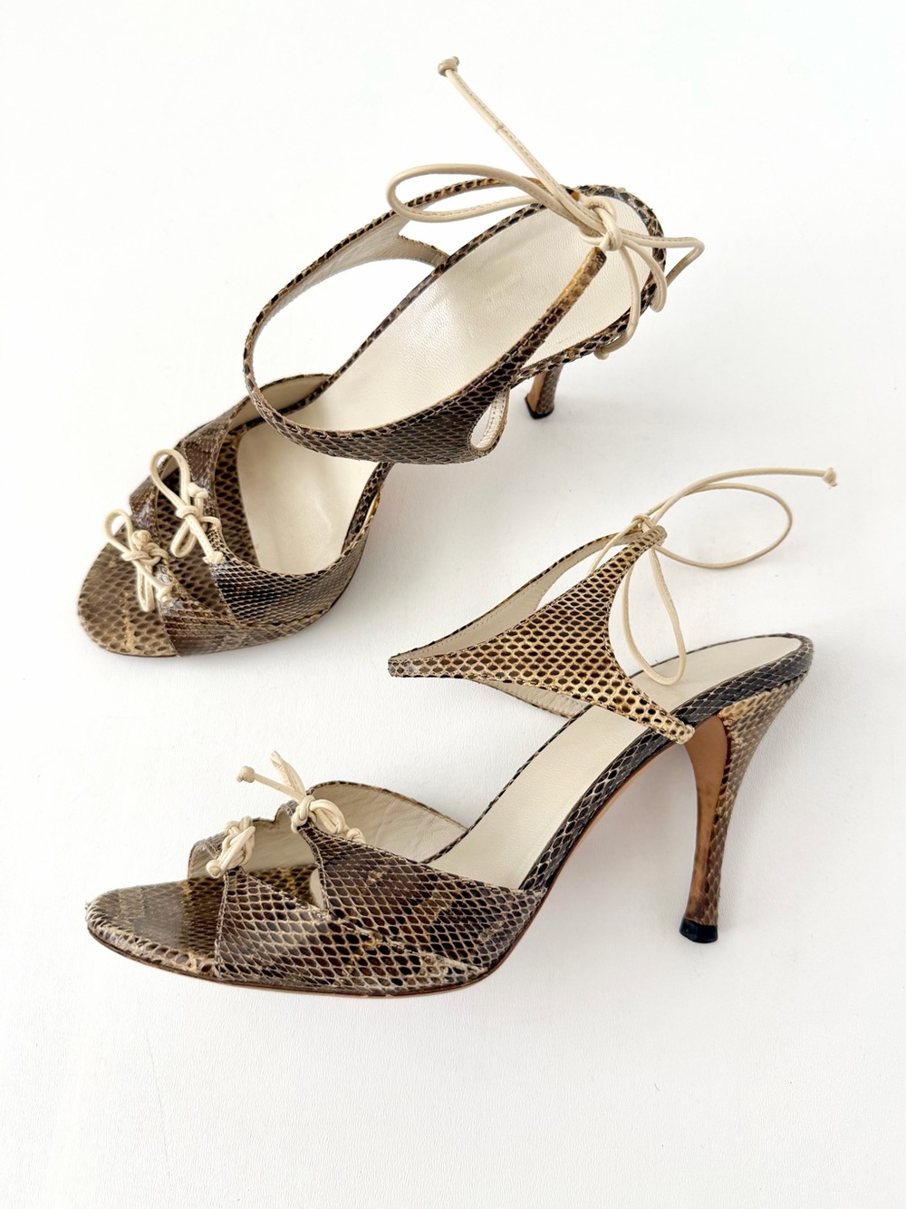 GUCCI | Vintage Snakeskin Bow Ankle Tie Stiletto Sandal Heels Brown Size 8.5B